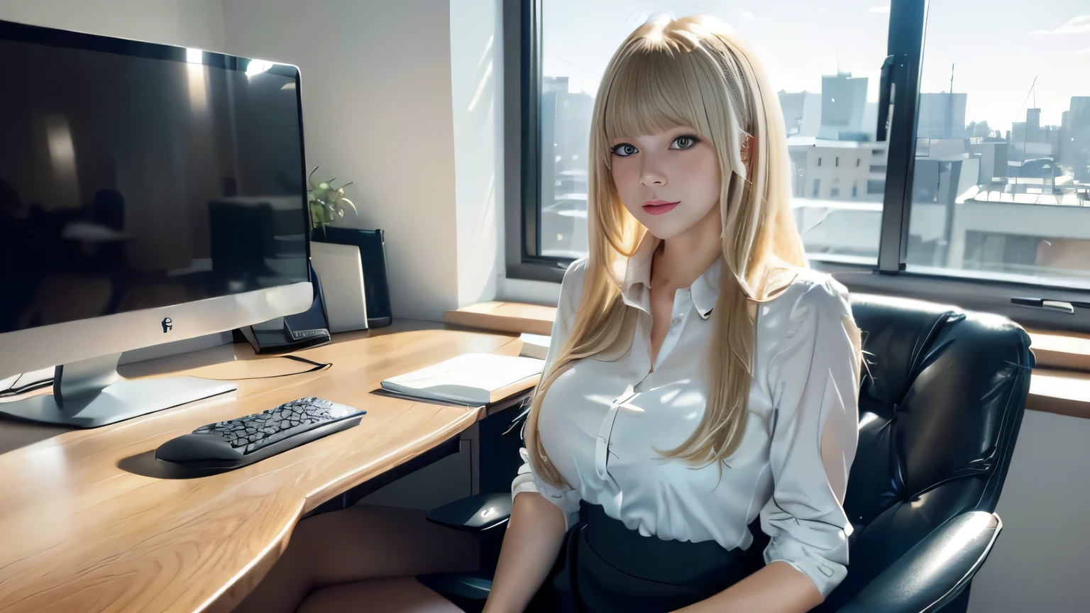((masterpiece, highest resolution,best quality)), (beautiful illustration), ((1girl,cute,young,semi long beautiful siver blonde hair,blunt bangs,beautiful eyes)),(solo),(beautiful elegant office blouse and black skirt),(looking at the viewer,crying), (sitting in the office arm chair),desk,window,pc,