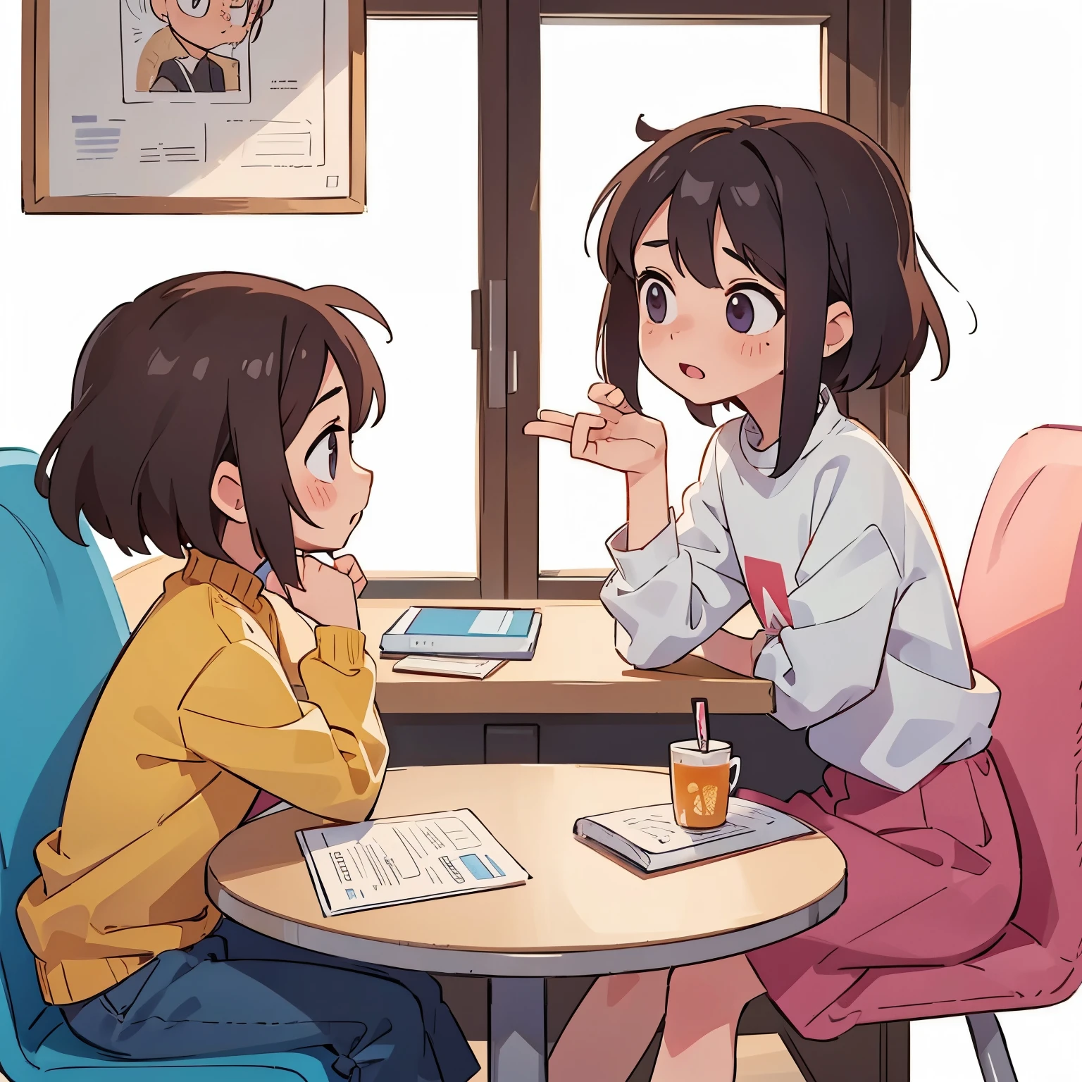 An image of a person A in a healthy adult mode talking to a person A in a childish mode, the two of them sitting facing each other on chairs about 1 meter apart, there is no table, there is no background, they are in a pure white space. , I want them to have the same hairstyle and clothes, but change their height, physique, and facial expressions.