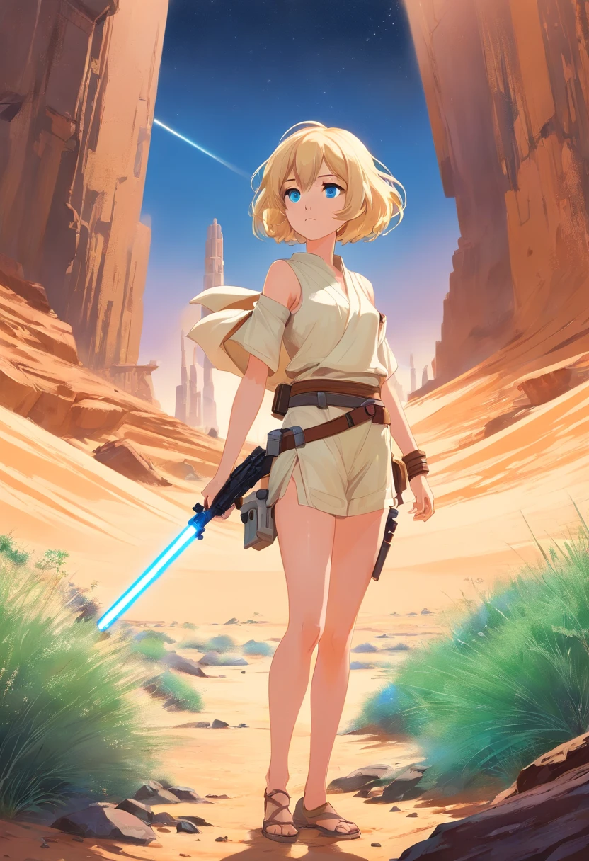 17 years old Women, ((Blonde)), ((Blue eyes)), ((Short hair)), ((Full Body)), in tatooine moss eisly, using stormtrooper costume