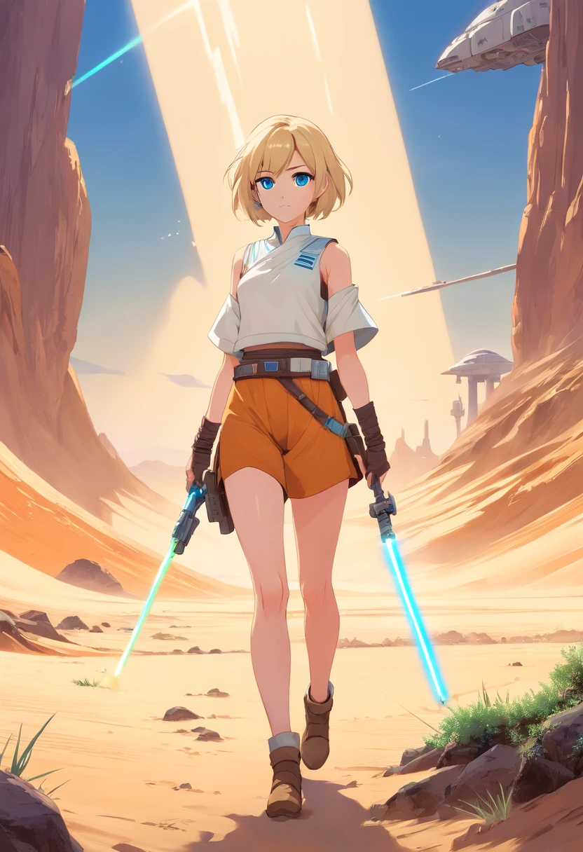  Women, ((Blonde)), ((Blue eyes)), ((Short hair)), ((Full Body)), in tatooine moss eisly, using stormtrooper costume