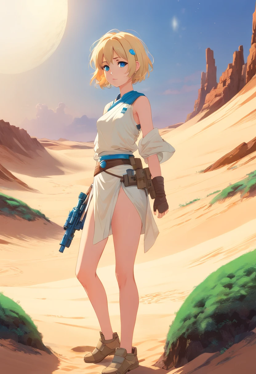17 years old Women, ((Blonde)), ((Blue eyes)), ((Short hair)), ((Full Body)), in tatooine moss eisly, using stormtrooper costume
