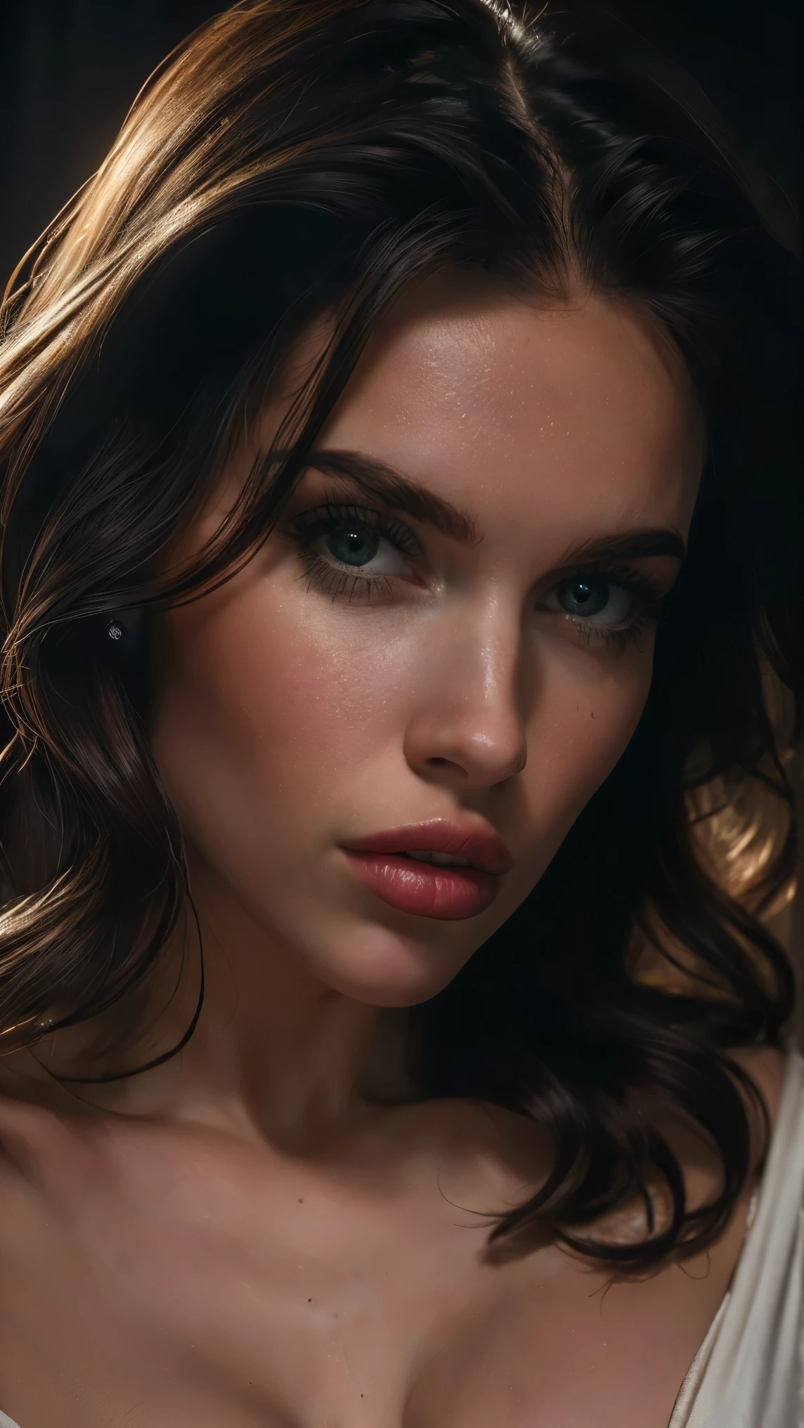 (((ultra realistic))) Photo, masterpiece, top quality, (pale skin), (Ultra detailed face and eyes:1.1), 1 girl, Adult, deep neckline, (Eye makeup, mascara) , ((large detailed lips)), ((pink wavy hair)), ((Chyolka)) , ((Natural breasts)). ((Posing)), photoshoot, studio ((contour light)), (The play of light and shadows), depth of field, bokeh, (special attention to skin detail: 1.2), (Light atmosphere of the frame, Pastel colors, Colours black), ((portrait, close to the camera)) , ultra detialed,