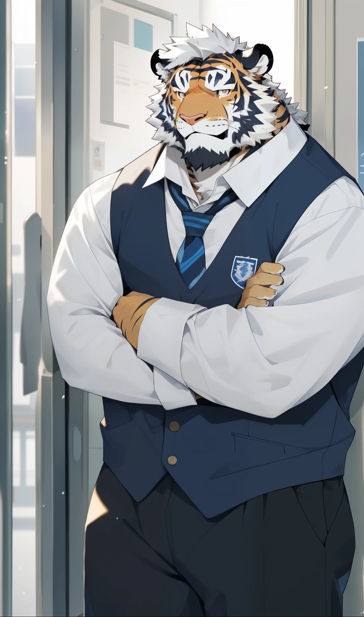 hairy,(tiger,Blue and white long-sleeved school uniform:1.3,Against the wall:1.3)beard,Golden fur,(Tears:1.3),student,male,Common,At the classroom door,full-body shot,Real background,极其lifelike阴影,masterpiece,Very detailed,lifelike。