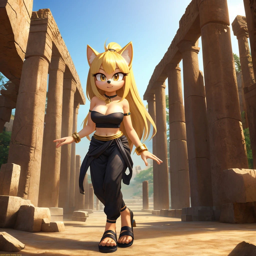 Female, mobian, hedgehog, 1girl, solo, looking at viewer, black low cut tube top, cleavage, blonde fur, long hair, yellow irises, hair bangs, gold wristband rings, gold band around waist, black harem pants, and black genie slippers, ancient temple ruins background, (insanely detailed, masterpiece, best quality, 4k)