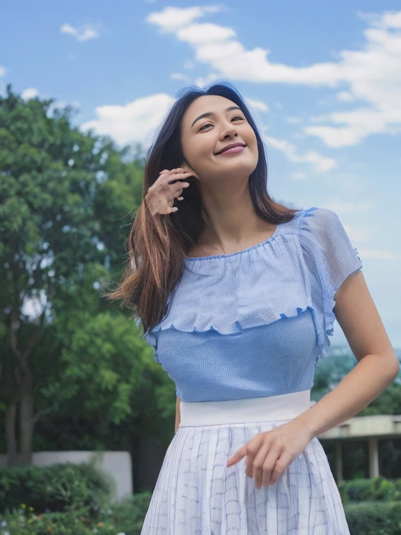 Japanese　Beautiful woman　smile　Beauty　Large Breasts　　Gazing into the distance　Full body photography　Beautiful face　　Standing looking up at the sky　Long Hair　　White color frill skirt　Blue mesh blouse