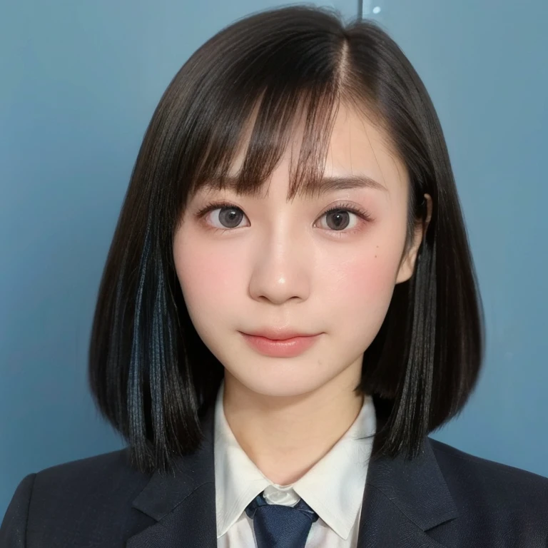 (kawaii 24 year-old Japanese girl, Nogizaka idol, Korean idol), (glossy black hair, very short hair, short bob, pixie cut, aligned length and symmetric hair style:1.3), (pure black eyes, rounded face, single eyelid, no makeup, serious expression:1.2), (wearing suit jacket, collared shirt, necktie:1.3), (extra small breasts:0.9), (looking at viewer:1.2), BREAK, (simple blue background, yearbook background:1.3), (portrait, id photo, bust shot, view from vertically straight forward:1.3), (enough upper margin for background:1.3), BREAK, (masterpiece, best quality, photo realistic, official art:1.4), (UHD, 8K quality wallpaper, high resolution, raw photo, golden ratio:1.3), (shiny skin), professional lighting, physically based rendering, award winning, (highly detailed skin, extremely detailed face and eyes), Carl Zeiss 85 mm F/1.4, depth of field, 1girl, solo,