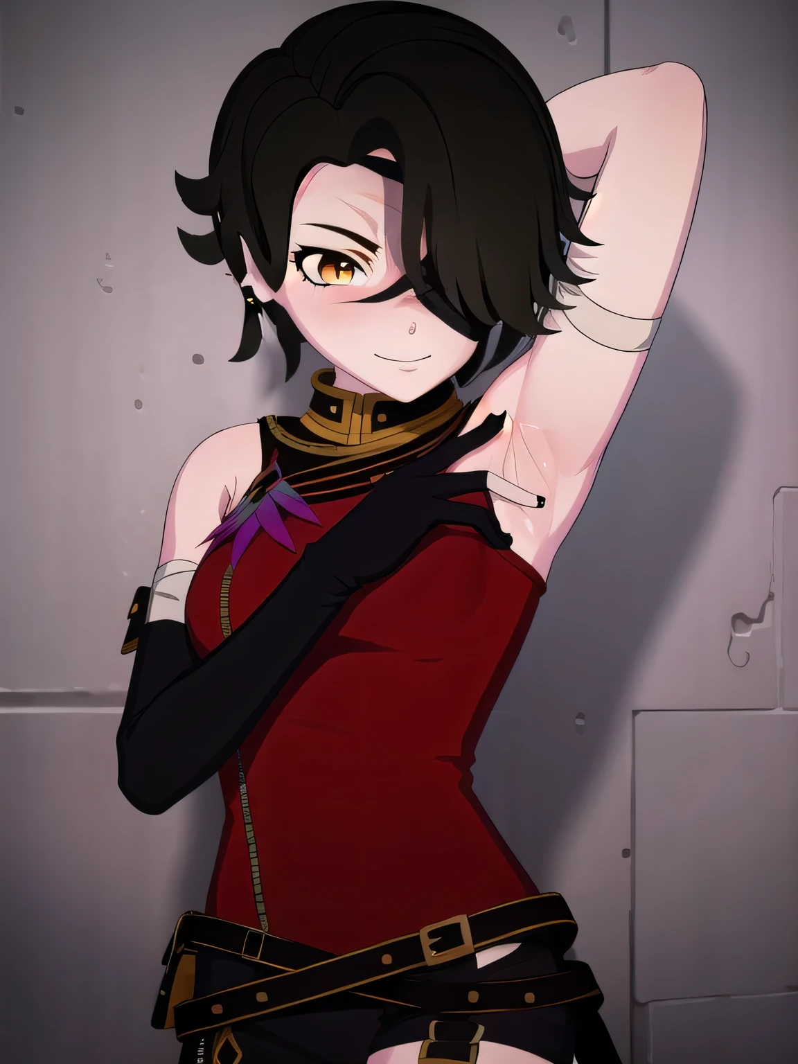 cinderfall, cinder fall, short hair, black hair, (yellow eyes:1.5),
BREAK gloves, dress, jewelry, earrings, black gloves, elbow gloves, hair over one eye, tattoo, scar, shorts, black gloves, belt, bandages, dress, black dress, solo,
contrapposto, spread armpit, arms behind head, smile, BREAK looking at viewer, upper body,