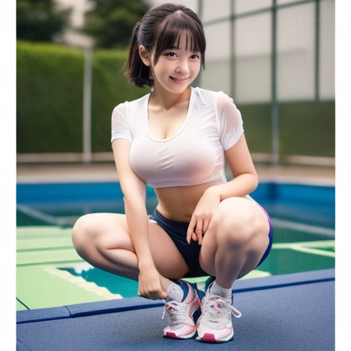 Realistic Sports Girl、small tits、short-hair、Sports bra and panties、ssmile、Transparent papillae、Spread the crotch of panties、detailed skin textures