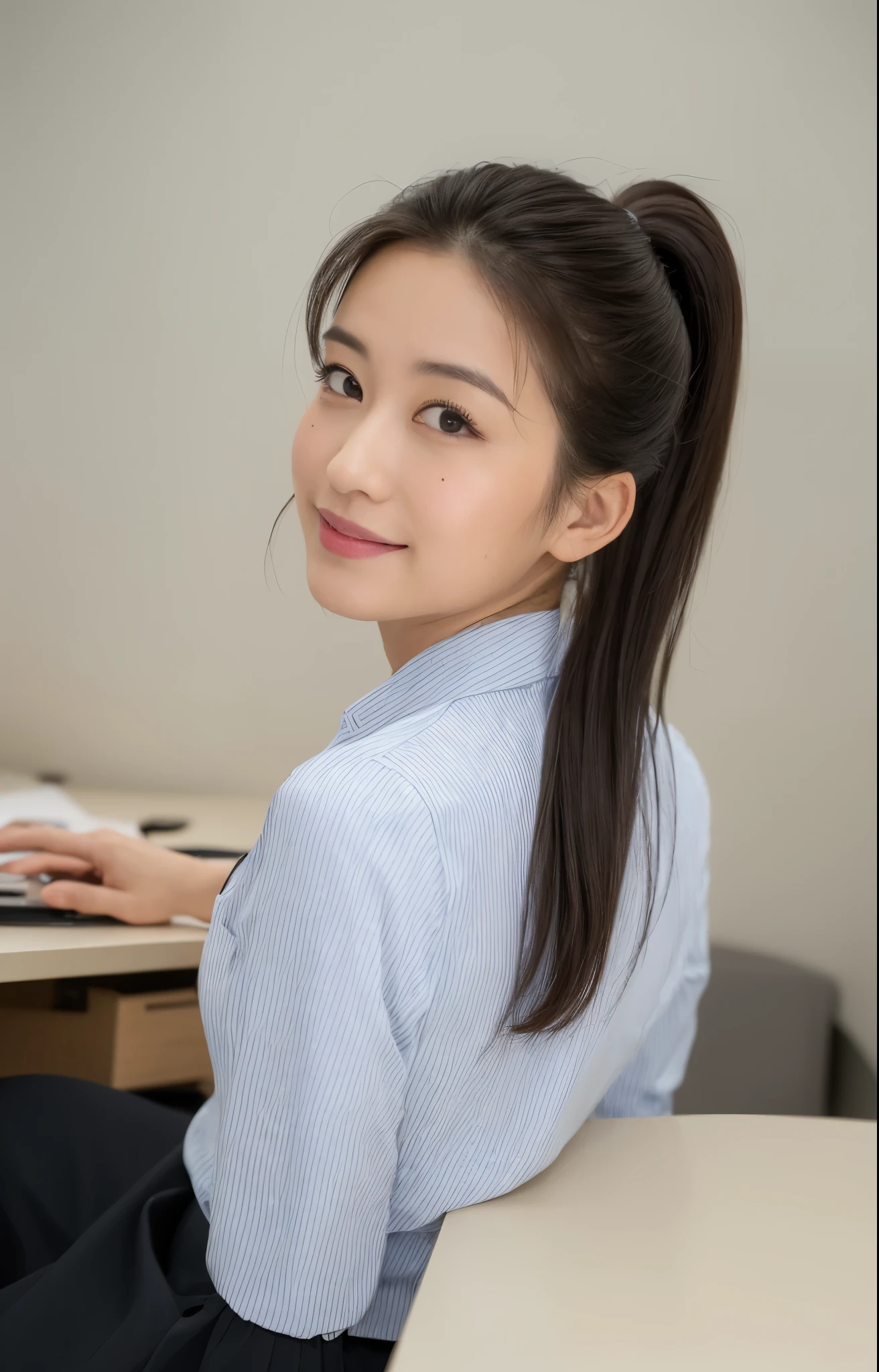 (Best quality, 8k, 32k, Masterpiece, UHD:1.2), from behind, 1 walking girl, beautiy Japanese office lady, (smile:0.5), (looking at the the viewer), 30 years old, bit chubby, white shirt, black skirt, office room, desk, detailed beautiful face, pony-tail hair, from below,