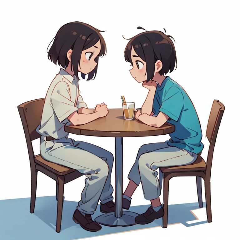 An image of a person A in a healthy adult mode talking to a person A in a childish mode, the two of them sitting facing each other on chairs about 1 meter apart, there is no table, there is no background, they are in a pure white space. , I want them to have the same hairstyle and clothes, but change their height, physique, and facial expressions.