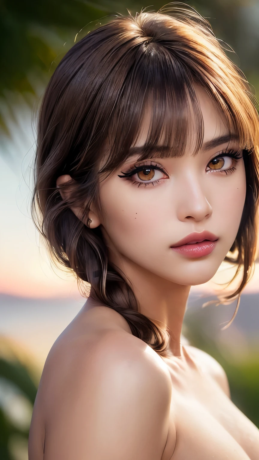 Draw a picture, (photorealistic:1.4), (hyperrealistic:1.4), (realistic:1.3), (smoother tropical sunset lighting:1.05), (increase Fujicolor quality:0.9), (absurd: 1.3), (best quality), (ultra sharp), (She is a phenomenal model, 24 years old), realistic lighting, backlighting, light on face, ray trace, (brightening light:1.2), (Increase quality:1.4), (best quality real texture skin:1.4), finely detailed eyes, finely detailed face, finely quality eyes, (Brown) [sparkling eyes], [long eyelashes], Double eyelids, (looking at viewer), slim, well-muscled body, medium ass, very detailed hair, (( (light) brown short ((side bangs)), extremely detailed)), (Increase skin texture beauty:1.1), (light makeup, [[pink lipstick]], eyeliner:1.3)