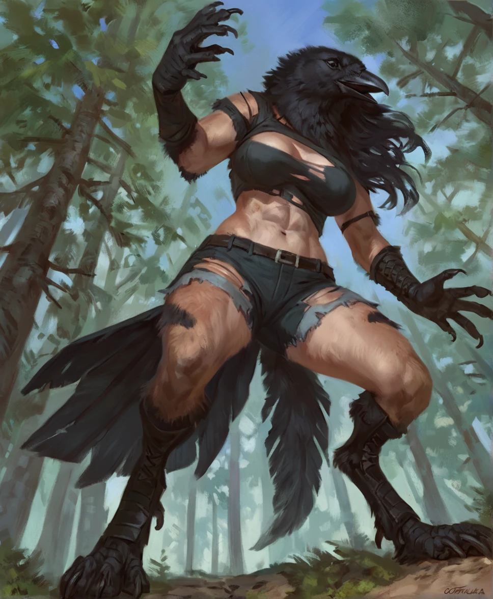 Female crow, comic book style, illustration, solo, abs, covered breasts, concentrated expression, feminine body, masterpiece, best art, full body, digitigrade, by oouna, by taran fiddler, torn shorts, torn shirt, torn leather armor, detailed hands, tall, detailed eyes, large tail, detailed torso, low angle view, forest, pain expression, transformation, yelling