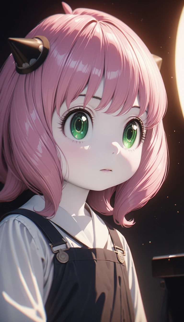 Nice little girl，With realistic green eyes, Pale skin, Pink medium-length hair, hairpods, Perfect face, Perfect eyes, Wearing a black school uniform, Very detailed, Overall Movie, number, 8k, Cinema Lighting, best quality, high resolution, detailed work, Post-Processing, Perfect results, Surreal