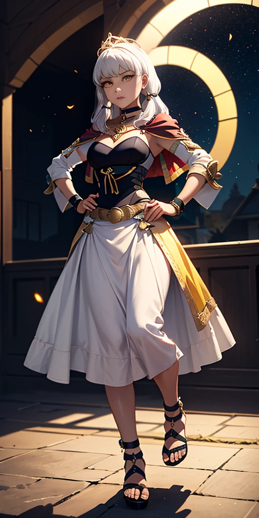 paladin lady in ornate golden armor, black collar, pauldrons, breastplate, corset, glowing halo, short hair, bob hair style, white silver hair, yellow glowing eyes, bright pupils, eye focus, red cape, temple indoors, stained glass windows, night, moonlight, particles, light beam, chromatic aberration, (full body, whole body. 1solo (girl). slave fighter, loincloth standing, hands on hips full body, whole body. 1solo (girl). slave fighter, loincloth standing, hands on hips, metal sandals, choker, big belt, view from below, feet together, bracers, tiara)