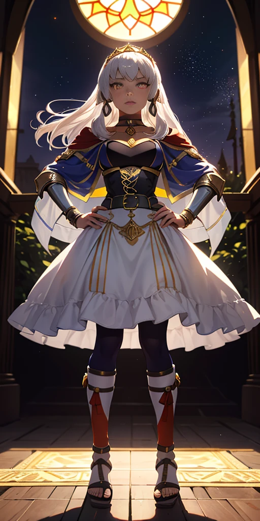 paladin lady in ornate golden armor, black collar, pauldrons, breastplate, corset, glowing halo, short hair, bob hair style, white silver hair, yellow glowing eyes, bright pupils, eye focus, red cape, temple indoors, stained glass windows, night, moonlight, particles, light beam, chromatic aberration, (full body, whole body. 1solo (girl). slave fighter, loincloth standing, hands on hips full body, whole body. 1solo (girl). slave fighter, loincloth standing, hands on hips, metal sandals, choker, big belt, view from below, feet together, bracers, tiara)