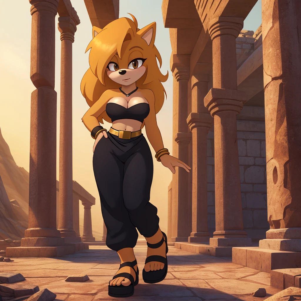 Female, mobian, hedgehog, 1girl, solo, looking at viewer, black low cut tube top, cleavage, blonde fur, long hair, yellow irises, hair bangs, gold wristband rings, gold band around waist, black harem pants, and black genie slippers, ancient temple ruins background, (insanely detailed, masterpiece, best quality, 4k)