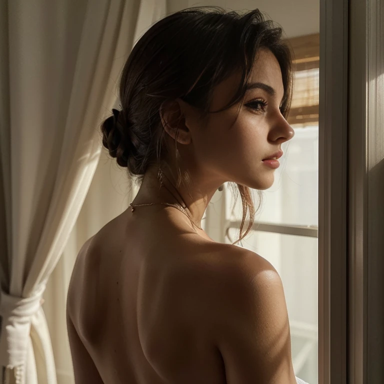 (Young and beautiful woman、An extremely beautiful face:1.37、Detailed face、Perfect Human、Back view、look back、Completely naked:1.6、Cowboy Shot)、An illustration、Super detailed、High resolution、Photorealistic、Bright colors、Soft lighting、Shooting from a low angle