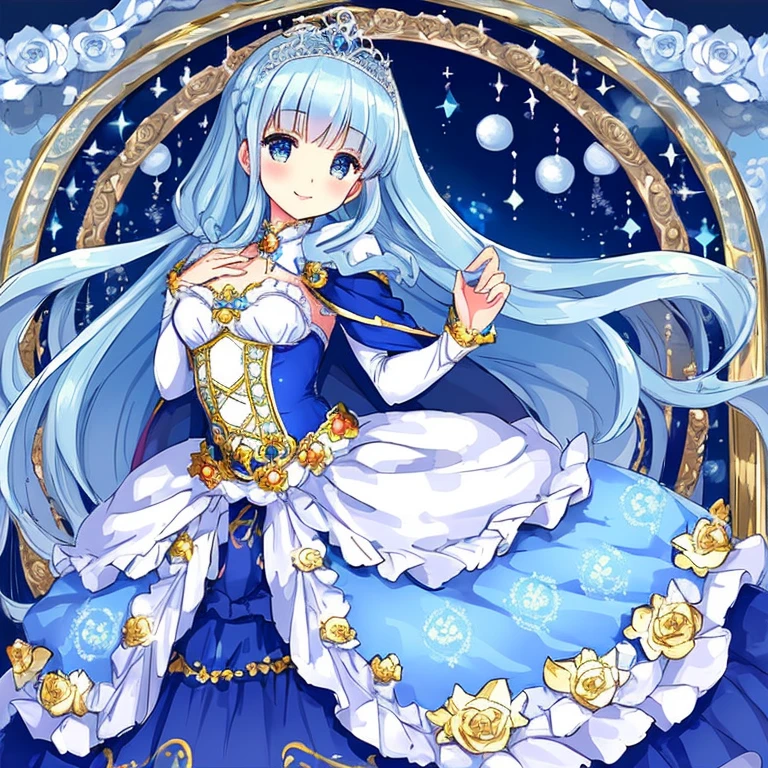 (kawaii),(best quality),(ultra detailed),(rococo style),(long train blue cape:1.15), very long cape,(long train white ball gown with flower decorations:1.05), a girl is wearing a cape over her gown, 1 little princess, tiara, smile, very long hair, small breasts, beautiful detailed eyes, beautiful detailed lips