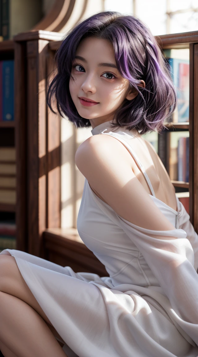 anime art, (masterpiece, best quality, perfect face, highest detailed face, colorful), 1girl. (((Kotomi))), face focus, full body, (((white dress:1.2))), purple hair, purple eyes, slight smile, beautiful eyes, looking at viewer, library at background, sunlight passing through hair, (extreme detailed, intricate details, cozy light)