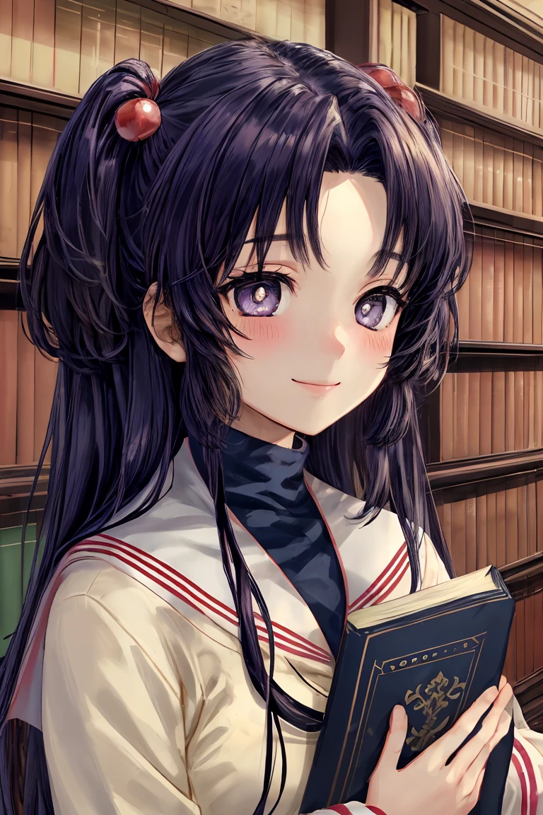 ((masterpiece)), (best quality), (perfect face), (extreme detailed face), (extreme detailed eyes) 1girl, (((Kotomi))), full face, long hair, beautiful eyes, blush, solid pupils, library, holding a book, ((slight smile)), (official art, extreme detailed, intricated details)
