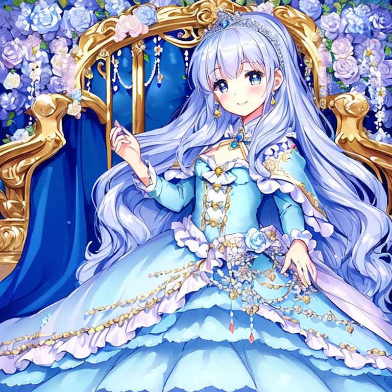 (kawaii),(best quality),(ultra detailed),(rococo style),(long train blue cape:1.15), very long cape,(long train white ball gown with flower decorations:1.05), a girl is wearing a cape over her gown, 1 little princess, tiara, smile, very long hair, small breasts, beautiful detailed eyes, beautiful detailed lips