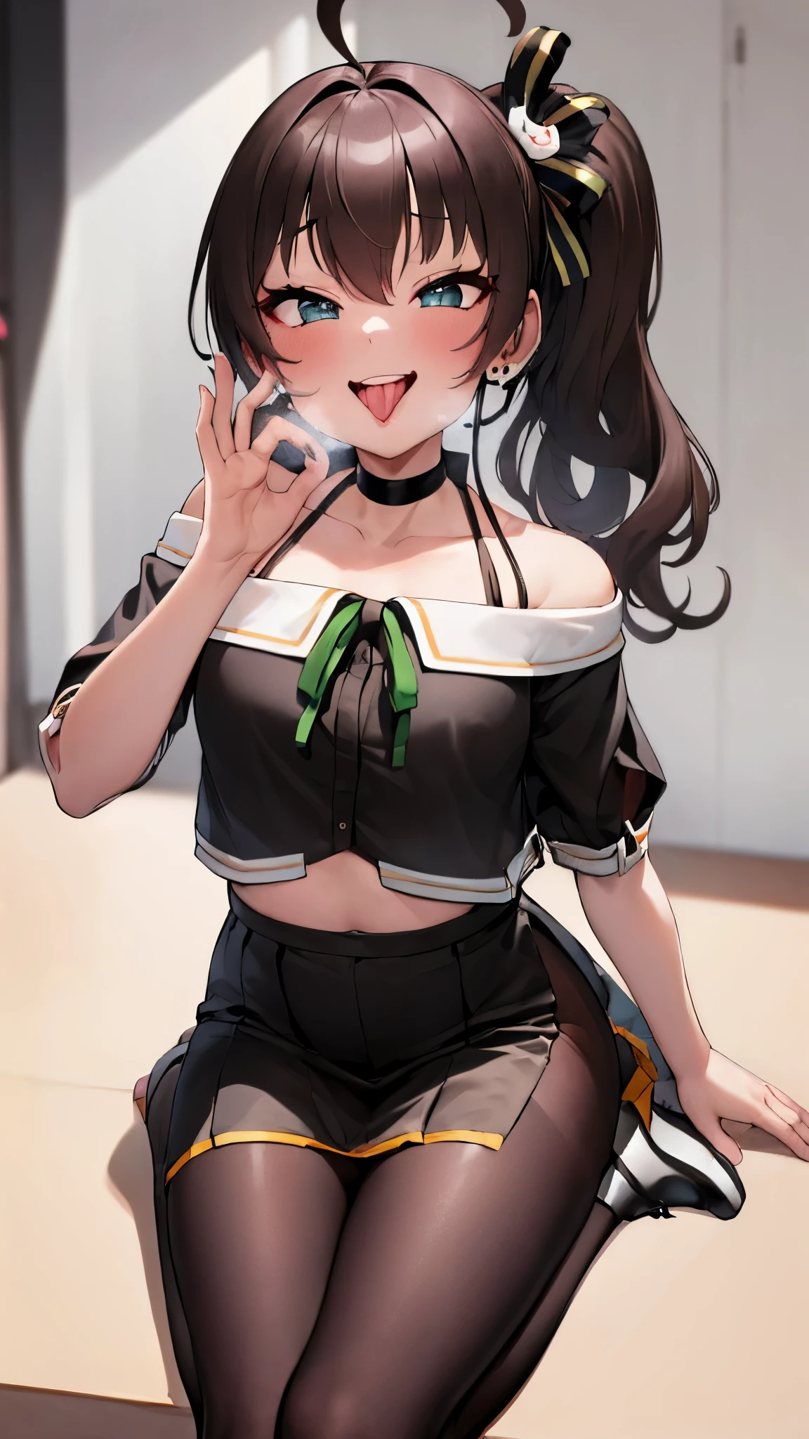  ((((Open your mouth))))、masterpiece,highest quality,High resolution,Very detailed,bb Festival,meだium hair,skinny,Ahoge,Brown Hair,(((((  Captivating smile ))))),skinny,Hair between the eyes,bangs,Hair Ribbon,Black Choker,Earrings,Black Ribbon,plaiだ shirt,Grey Shirt,shoulだer cutout,Short sleeve,See-through sleeves,Black Skirt,High Waist Skirt,Race,(((( Perfect Fingers )))) ,  shoes下,(black shoes下:1.4),Race trim,shoes,Black footwear,indoor,(Cafe:1.2),((Blowjob Gestures:1.5))、Open your mouth ,Sitting,Chair,(((Heavy breathing))) ,Hand in front of your mouth,Hand in front of mouth,