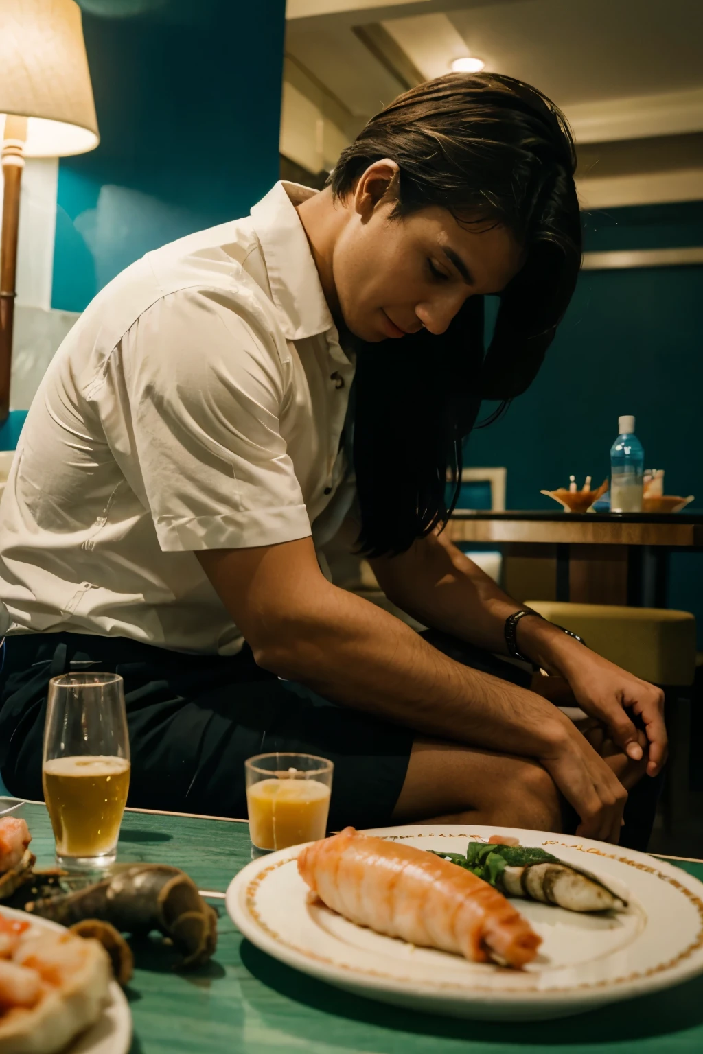 A man sitting on chair in beach hotel, on the table sea food, infront girlfriend capture his moment