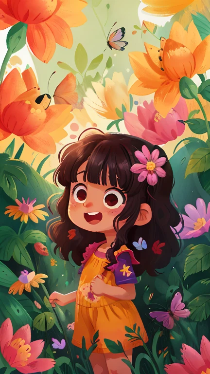 A happy girl with black eyes and shoulder-length black, wavy hair with bangs, her mixed-race skin color,  3 yeaurrounded by flowers and butterflies 