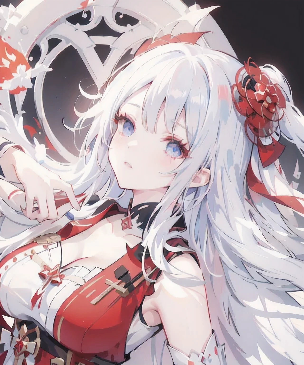 anime girl with white hair and red dress posing for a picture, blue eyes, white haired deity, ayaka genshin impact, edelgard fire emblem, characters from azur lane, ayaka game genshin impact, edelgard from fire emblem, cushart krenz key art feminine, shalltear bloodfallen, azur lane style, from the azur lane videogame