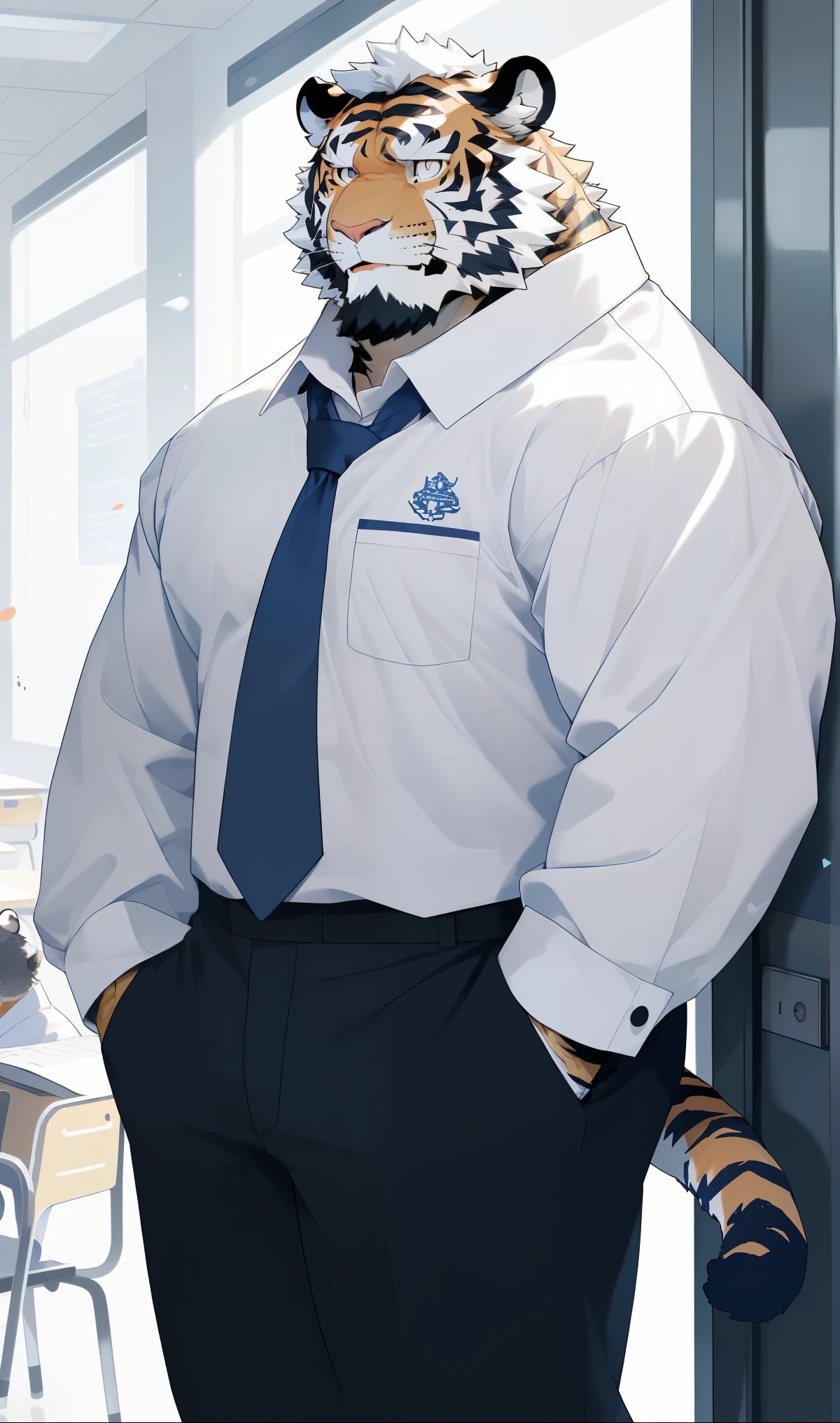 hairy，（tiger，Blue and white long-sleeved school uniform：1.3，Against the wall：1.3）beard，Golden fur，（Tears：1.3），student，male，Common，At the classroom door，full-body shot，Real background，极其lifelike阴影，masterpiece，Very detailed，lifelike。