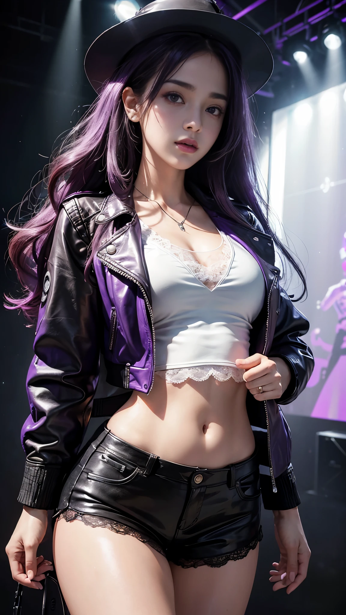 8K, ultra hd, masterpiece, hd colors, 1 girl, perfect face, very long curly hair, detailed eyes, ((purple leather jacket)), ((white vest)) rockstar hat, stocking, ((strip lace)), ((chain)), stars, bare navel, jwellery, Realistic club, lighting stage, (spot light:1.5), night club, decorated stage, bulbs, (glowing light:1.5), bloom lighting, foggy effect, front body pose,