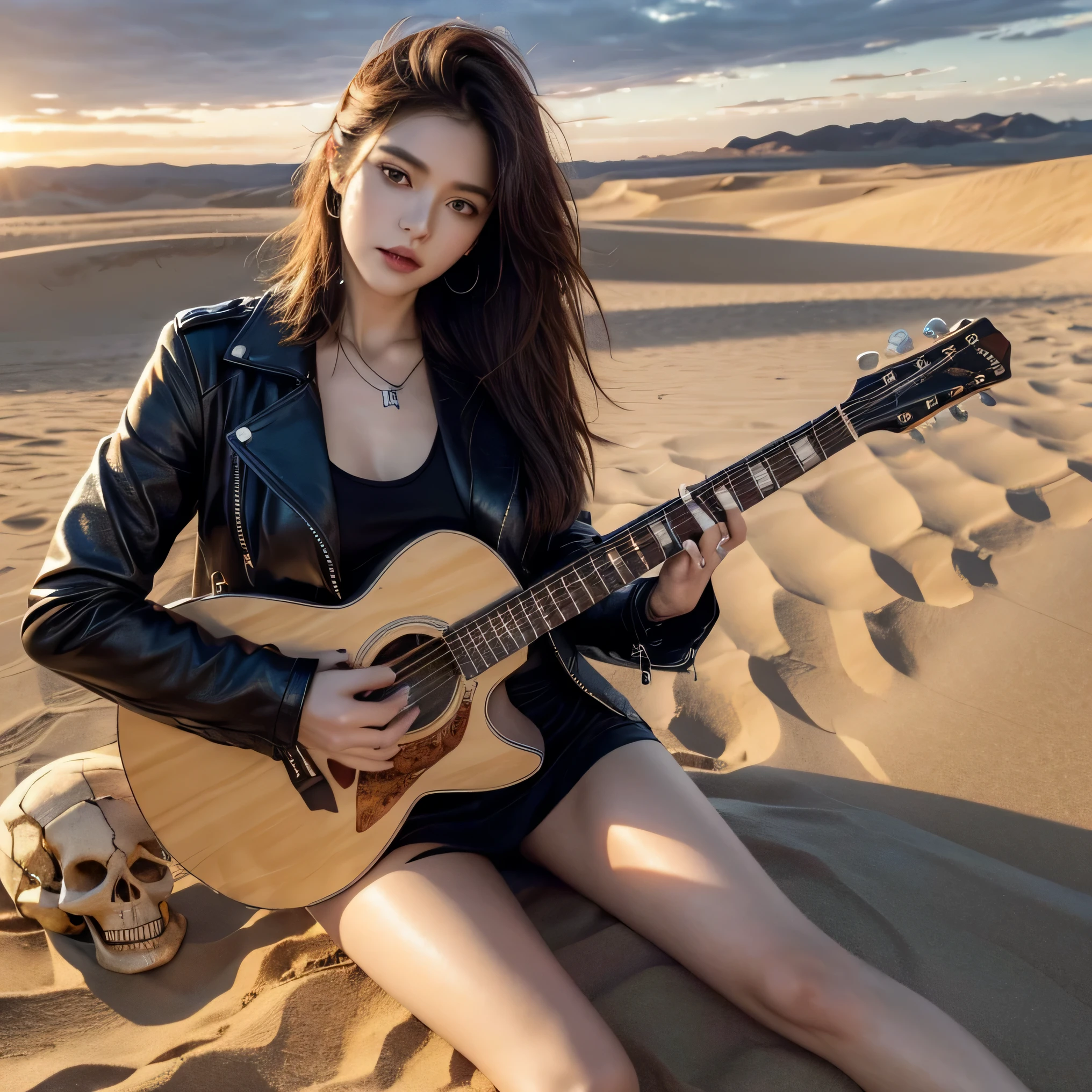 8k, top-quality, (pubic hair beauty)、hight resolution, lifelike, realperson, cinematic lighting soft lighting、A musician wearing a leather jacket is sitting and glaring at me.、a beauty girl、huge tit、beauty legs、guitar, sitting on a huge dessert dune valley at sunset, (((there is a skull on sand surface)),