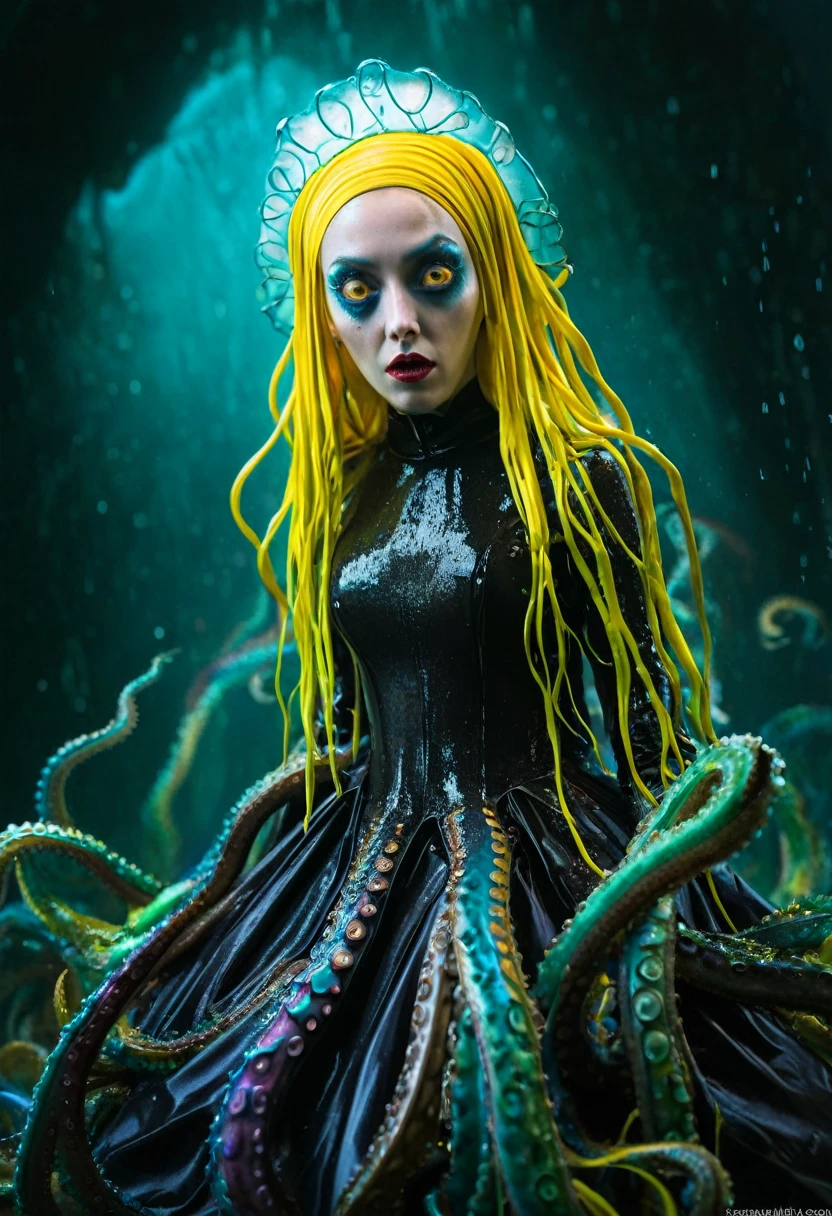 8K, ARTISTIC photogrAphy, best quAlity, mAsterpiece: 1.2), A (potrAit:1.2) witch BLOOD Toon Doll Cthulhu nun QUEEN, EYES, PINK many octopus style tentacles, full body RAW candid cinema, yellow hair, 16mm, color graded portra 400 film, remarkable color, ultra realistic, sad admosphere, dark lighting, oppressive atmosphere, depressive colors, kodak portra 400, photograph,r, Natural Light, Pinhead lighgts, blur reflection, Brush Strokes, Smooth, abstract, Splatter, Oil On Canvas, rainbow colors, fractal isometrics details bioluminescens : a stunning realistic photograph of wet bone structure, 3d render, octane render, intricately detailed, titanium decorative headdress, cinematic, trending on artstation | Isometric | Centered