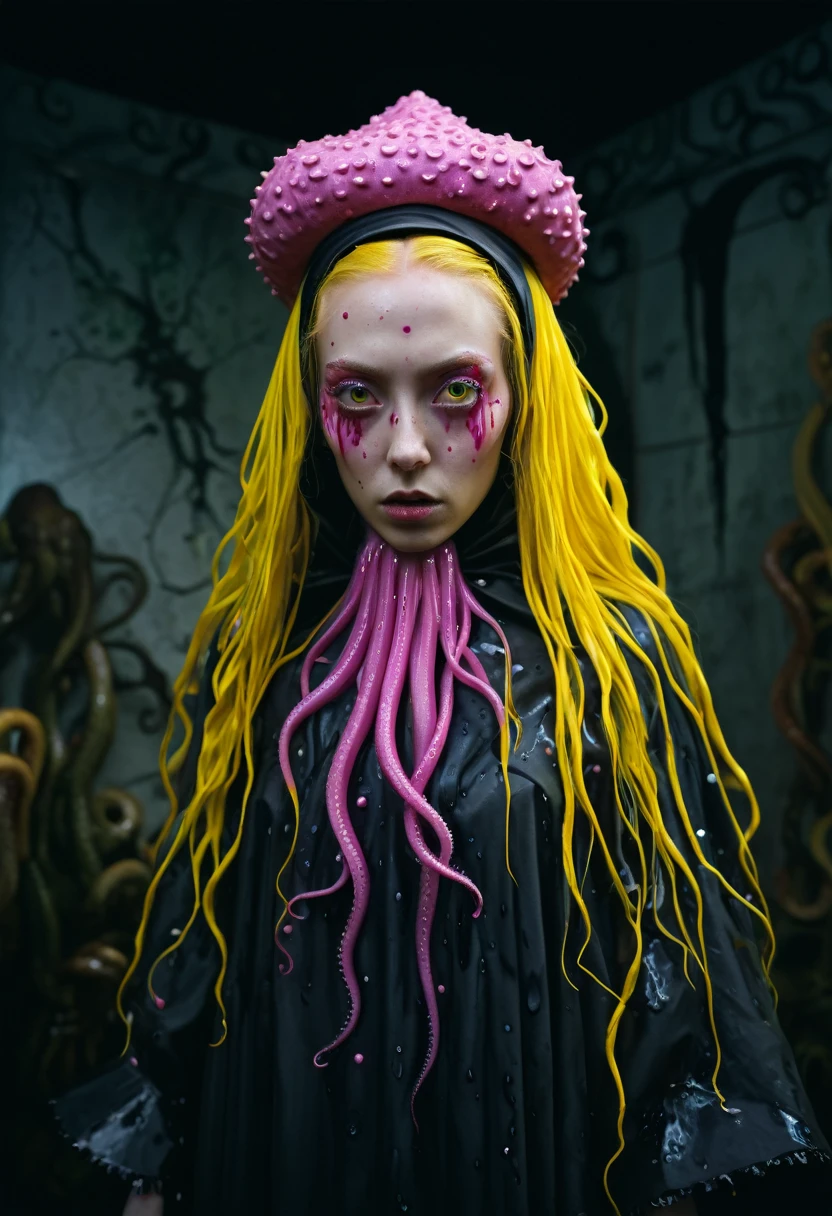 8K, ARTISTIC photogrAphy, best quAlity, mAsterpiece: 1.2), A (potrAit:1.2)  witch BLOOD Toon Doll Cthulhu nun QUEEN, EYES, CYAN many octopus style tentacles, full body RAW candid cinema, yellow hair, 16mm, color graded portra 400 film, remarkable color, ultra realistic, sad admosphere, dark lighting, oppressive atmosphere, depressive colors, kodak portra 400, photograph,r, Natural Light, Pinhead lighgts, blur reflection, Brush Strokes, Smooth, abstract, Splatter, Oil On Canvas, rainbow colors, fractal isometrics details bioluminescens : a stunning realistic photograph of wet bone structure, 3d render, octane render, intricately detailed, titanium decorative headdress, cinematic, trending on artstation | Isometric | Centered