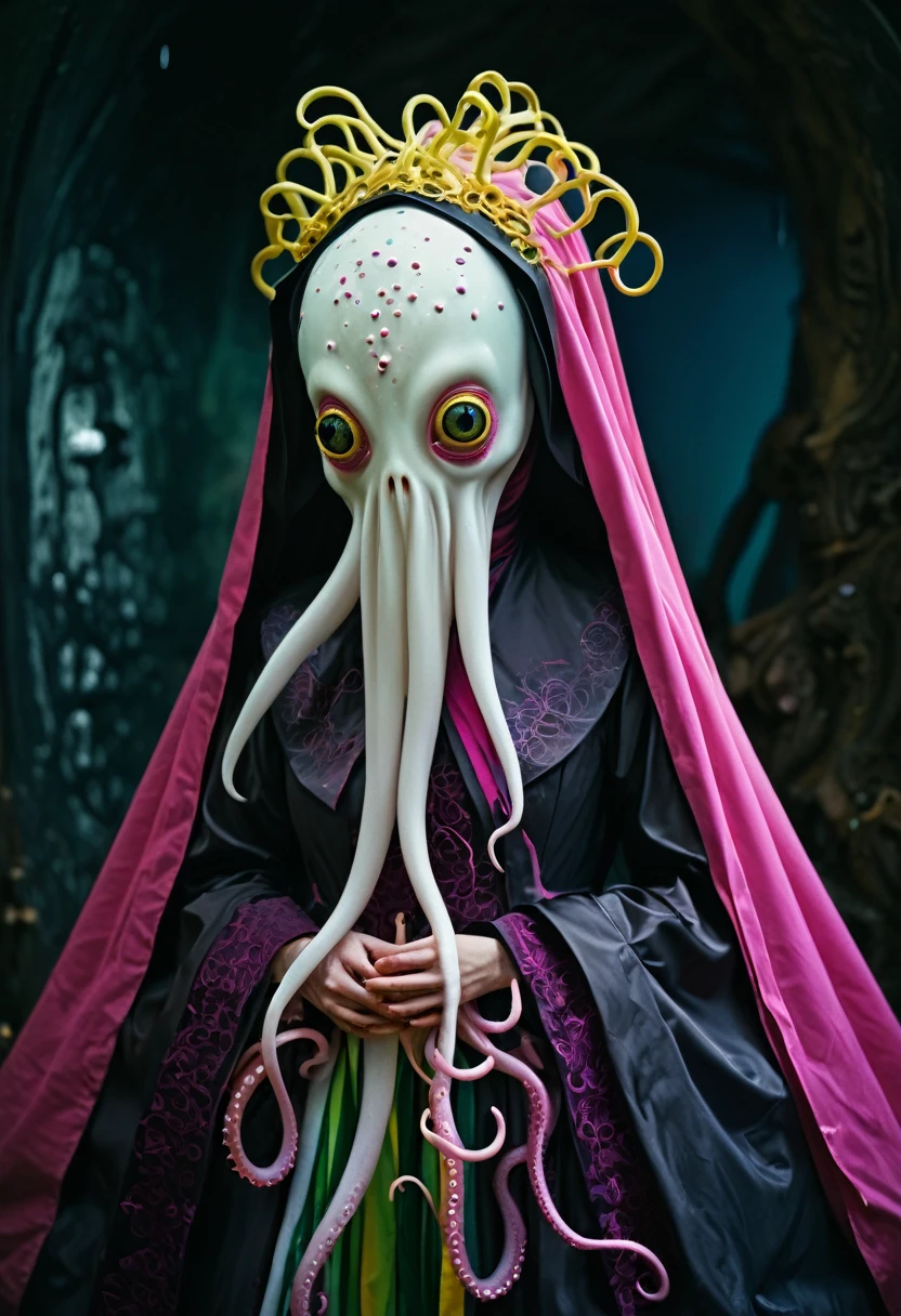 8K, ARTISTIC photogrAphy, best quAlity, mAsterpiece: 1.2), A (potrAit:1.2)  witch BLOOD Toon Doll Cthulhu nun QUEEN, EYES, PINK many octopus style tentacles, full body RAW candid cinema, yellow hair, 16mm, color graded portra 400 film, remarkable color, ultra realistic, sad admosphere, dark lighting, oppressive atmosphere, depressive colors, kodak portra 400, photograph,r, Natural Light, Pinhead lighgts, blur reflection, Brush Strokes, Smooth, abstract, Splatter, Oil On Canvas, rainbow colors, fractal isometrics details bioluminescens : a stunning realistic photograph of wet bone structure, 3d render, octane render, intricately detailed, titanium decorative headdress, cinematic, trending on artstation | Isometric | Centered