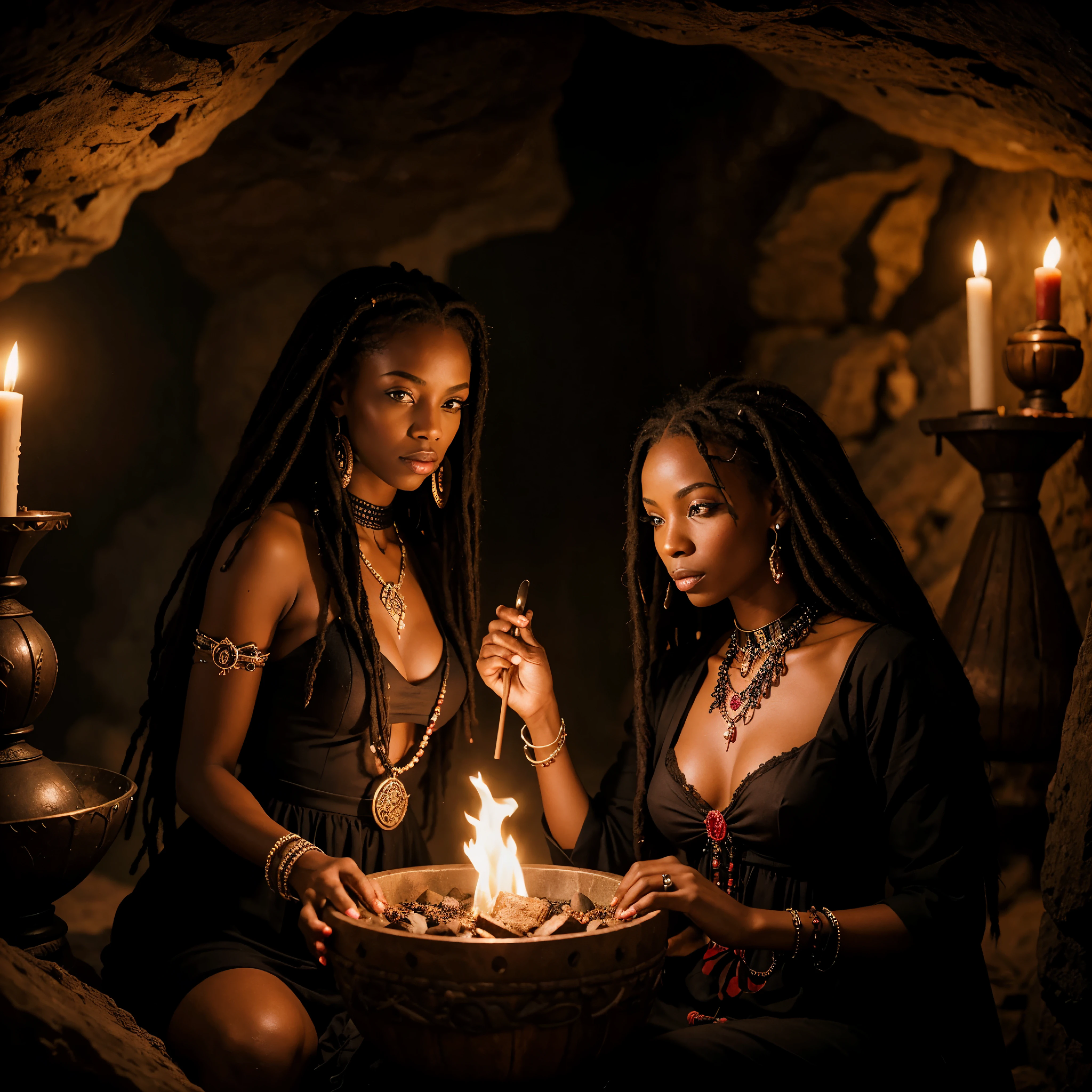 Beautiful black voodoo witches,dreadlocks,beads,red dresses,cave,cauldron,potions,smoke