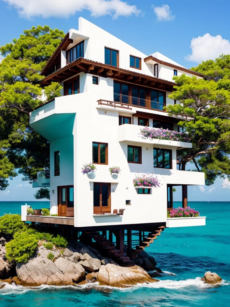 Perfection The Coolest tree house on a large rock in the middle of the sea with flowers in front of the house and trees on both sides of the house