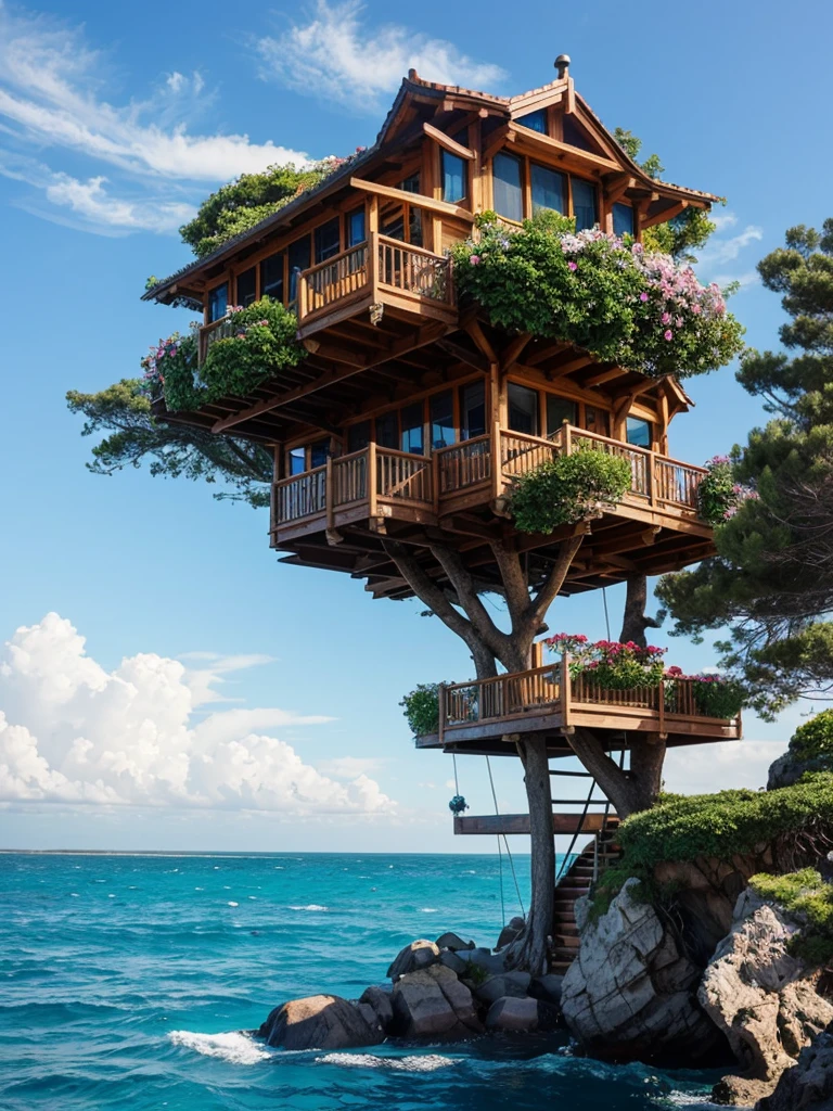Perfection The Coolest tree house on a large rock in the middle of the sea with flowers in front of the house and trees on both sides of the house
