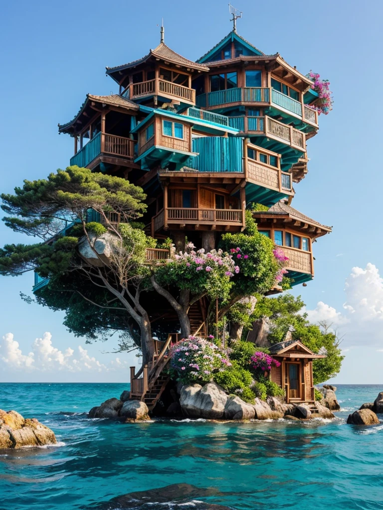 Perfection The Coolest tree house on a large rock in the middle of the sea with flowers in front of the house and trees on both sides of the house
