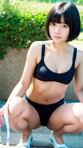 RAW Photos, 15 year old Japanese, 、Black short bob, Short Hair, asymmetric hairstyle、small size of breasts, Flat Chest、Slim body, Realistic, masterpiece, highest quality,Best Shadow, squatting position, Spread your legs, Spread your legs, Photorealism, Hyperrealism, Only one girl, (Urinating : 1.3), classroom、School Swimsuit、With name tag、Exposed crotch、Front of body、Peeing、Urinating、looking at the camera、、Prominent crotch