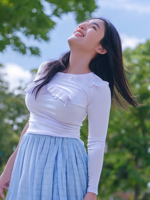 Japanese Beautiful woman smile Beauty Large Breasts Gazing into the distance Full body photography Beautiful face Standing looking up at the sky Long Hair White color frill skirt Blue mesh blouse