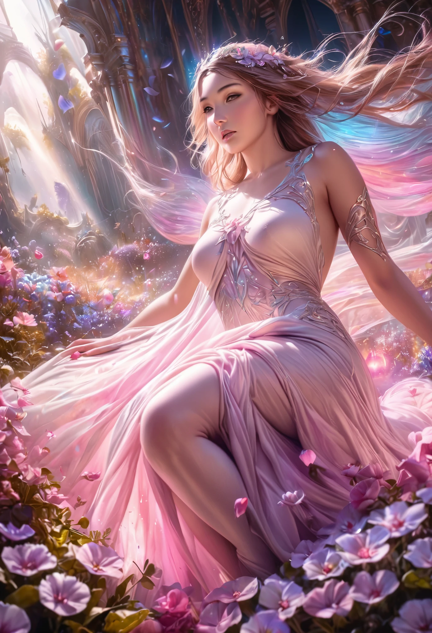 (best quality,4k,8k,highres,masterpiece:1.2),ultra-detailed,(realistic,photorealistic,photo-realistic:1.37),goddess, she is floating, she hovers over ground, sheer delicate silks, light source, gentle divine radiance, field of flowers, ethereal, graceful, flowing dress, glowing, divine energy, vibrant colors, surreal, magical, peaceful ambiance, soft petals, enchanting, dreamlike, ethereal beauty, tranquil, shimmering, surreal lighting, fantasy, beauty, magic, surrealistic, graceful movements, captivating, otherworldly, radiant, tranquility, mesmerizing, ethereal atmosphere, delicate features, enchantment, harmonious, serenity, ethereal surroundings, surreal landscape, ethereal glow, delicate flowers, mystical, heavenly, graceful posture, uplifting, otherworldly realm, tranquility, surreal atmosphere, soft and vibrant hues, glowing aura, blissful