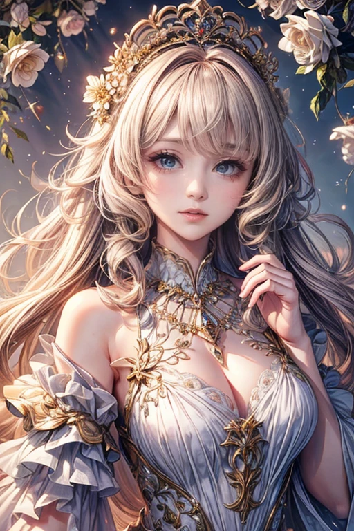 (highest quality,8k,CG),Upper body details,Lonely Girl,Floral forest background,Complex facial features,Elegant long curly hair,large almond-shaped eyes,,Twinkling Star,Exquisite lip detail,Soft and harmonious style.