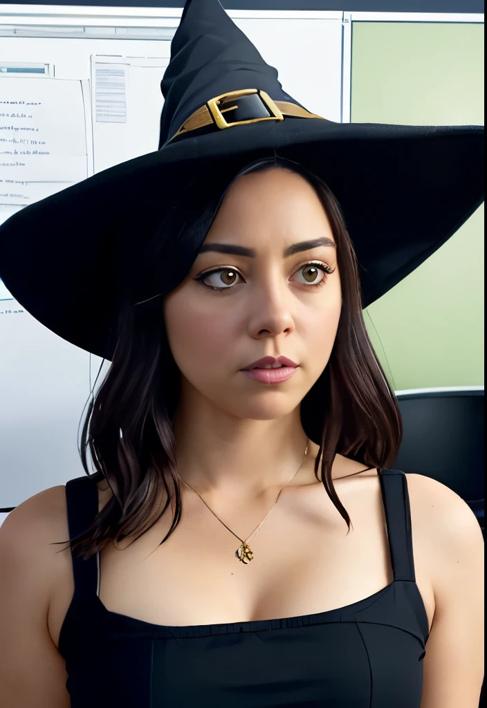 masterpiece, lifelike upper body image of AubreyPlaza, ((wearing a witch’s hat and an office blouse)), photo realistic, resting bitch face, frowning, highly detailed, detailed face, windswept, dramatic lighting, perfect eyes, in an office
