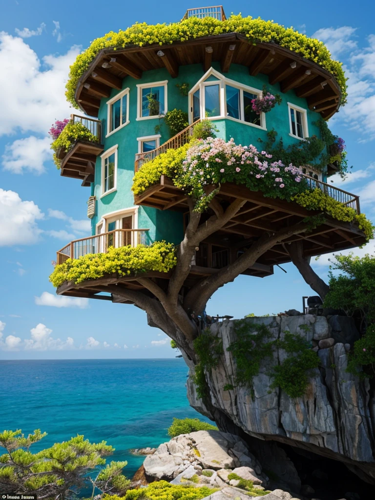 Perfection The Coolest tree house on a large rock in the middle of the sea with flowers in front of the house and trees on both sides of the house