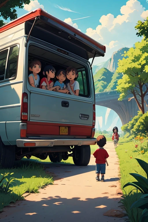 kids on a nature adventure watching animals travel in a van