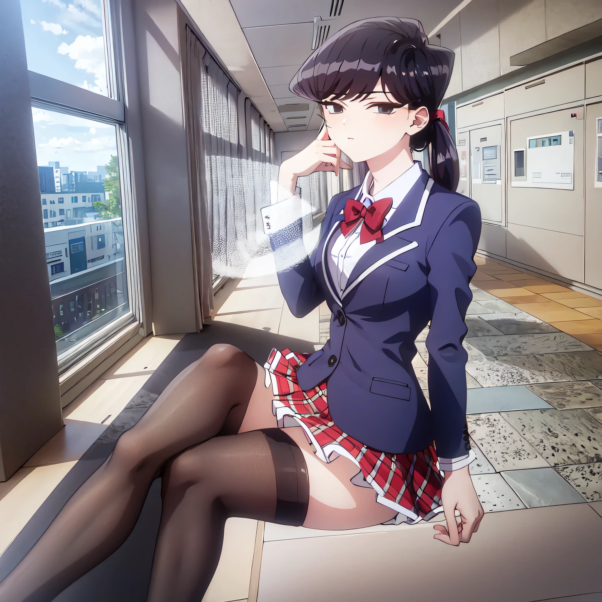 komiShouko, masterpiece, best quality, absurdres, 1girl, looking at viewer, v arms, pantyhose, classroom, , red skirt, red bow, blazer, window, sitting, chair, crowd,crossing legs,medium thighs.