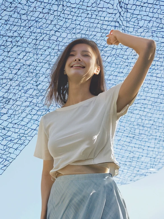 Japanese　Beautiful woman　smile　Beauty　Large Breasts　　Gazing into the distance　Full body photography　Beautiful face　　Standing looking up at the sky　Long Hair　　White color frill skirt　Blue mesh blouse