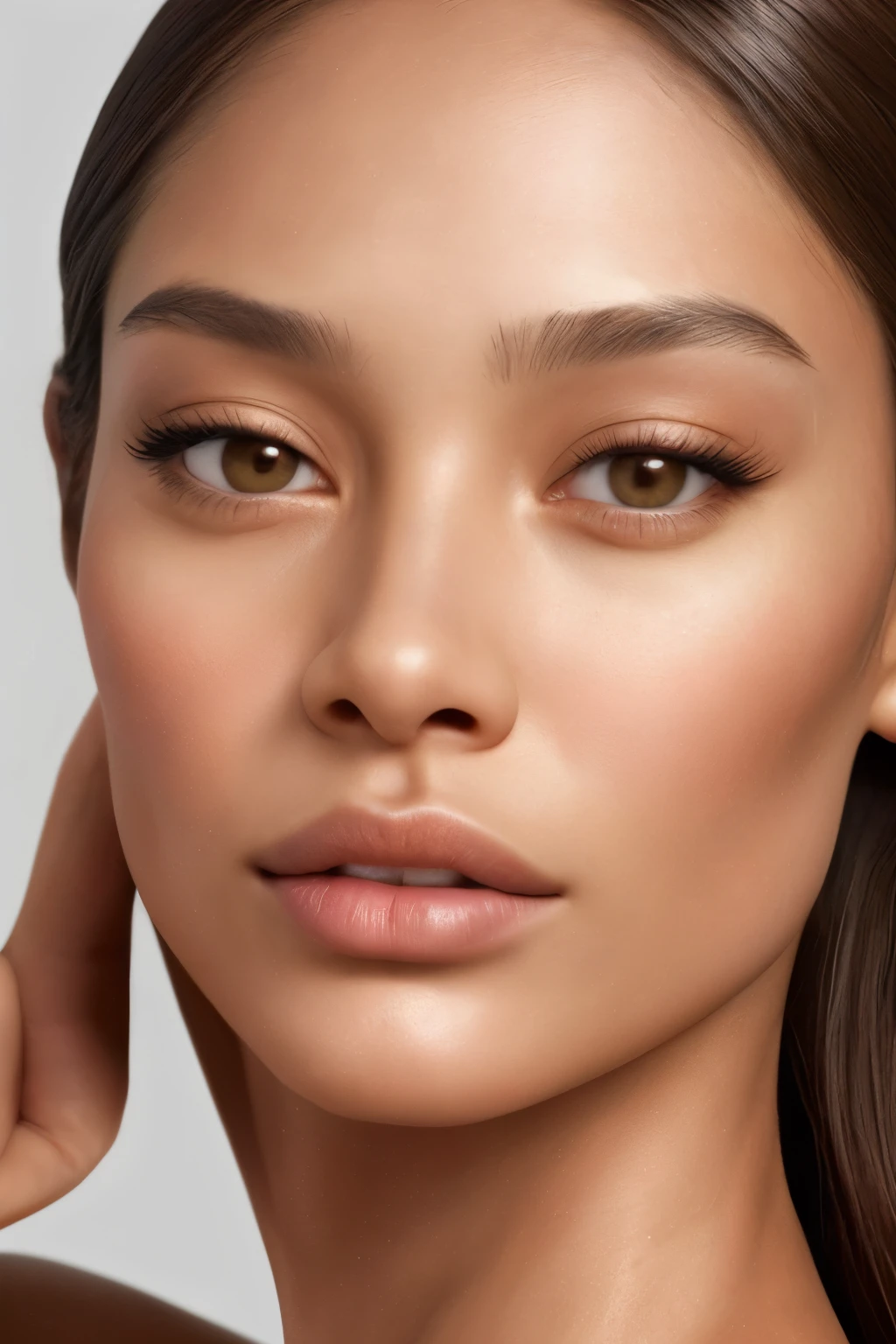 Generate a hyper-realistic digital portrait of an authentic woman with subtly textured skin and nuanced complexion. Adhere to the golden ratio in facial proportions for a believable appearance. Craft large, well-defined eyes with vibrant colors, avoiding excessive smoothness for a more natural look. Delicately render the nose and lips with nuanced details, eschewing an overly perfect or artificial appearance. Highlight high cheekbones and a sculpted jawline with lifelike skin textures, imbuing depth and dimension. Embrace slight imperfections for authenticity, avoiding excessive smoothing that can detract from the woman's unique character. Depict shiny, well-maintained