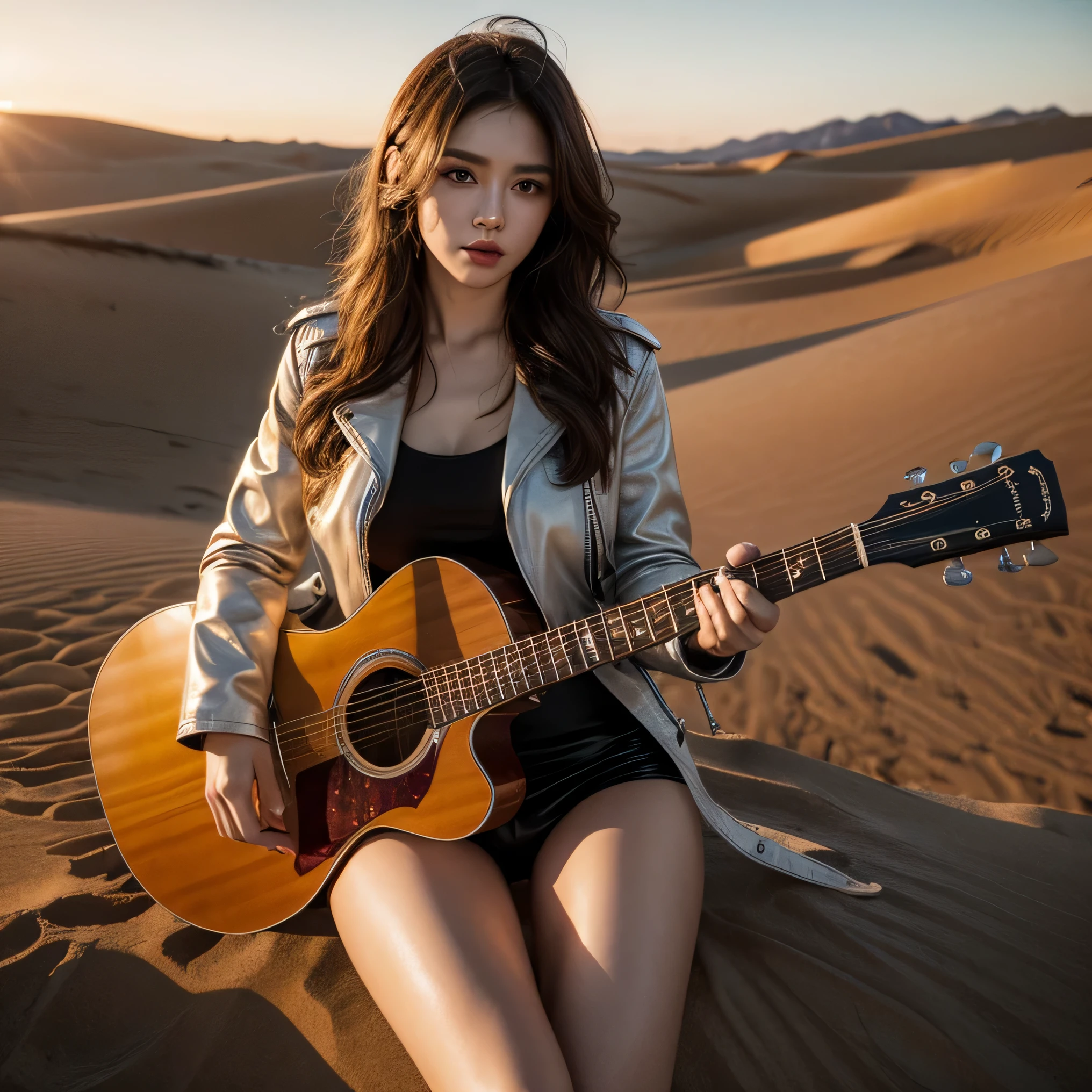 8k, top-quality, (pubic hair beauty)、hight resolution, lifelike, realperson, cinematic lighting soft lighting、A musician wearing a leather jacket is sitting and glaring at me.、a beauty girl、huge tit、beauty legs、guitar, sitting on a huge dessert dune valley at sunset, a skull on sand,